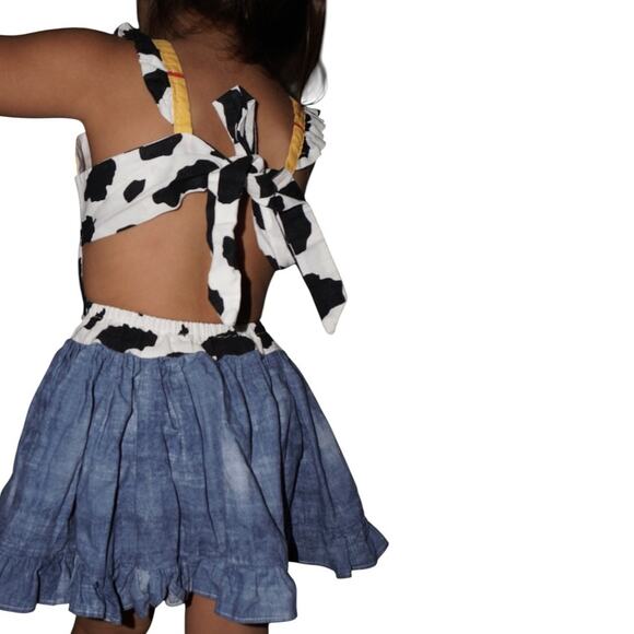 Woody Inspired Cow Print Denim Ruffle Dress Toddler 2T 3T Toy Story Costume - Picture 7 of 9